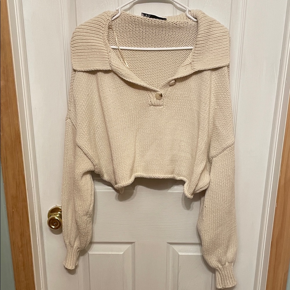 Zara Cream V-Neck Collared Knit Sweater